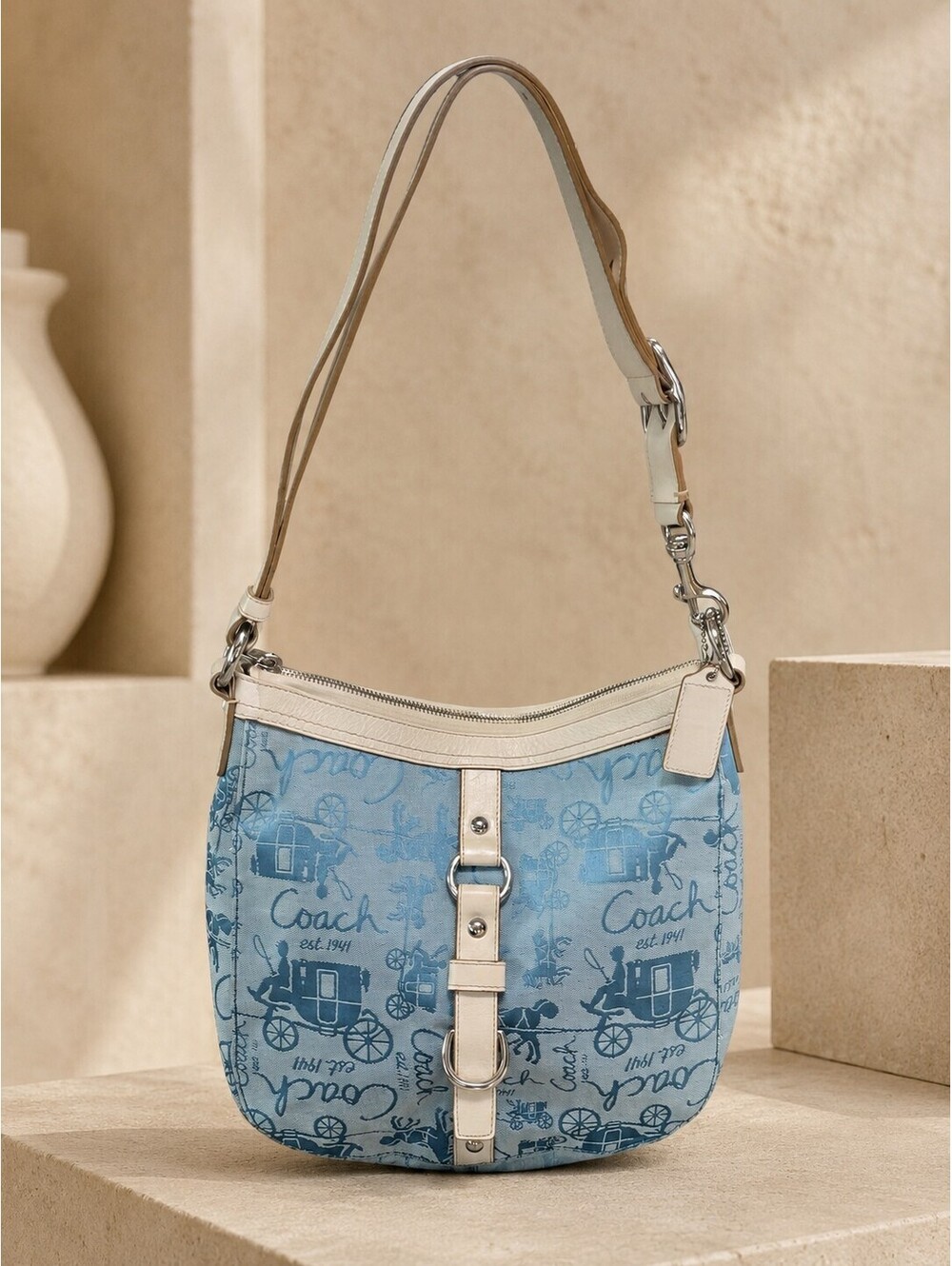 Coach Signature Canvas Bucket Shoulder Bag Blue Cream Adjustable Strap